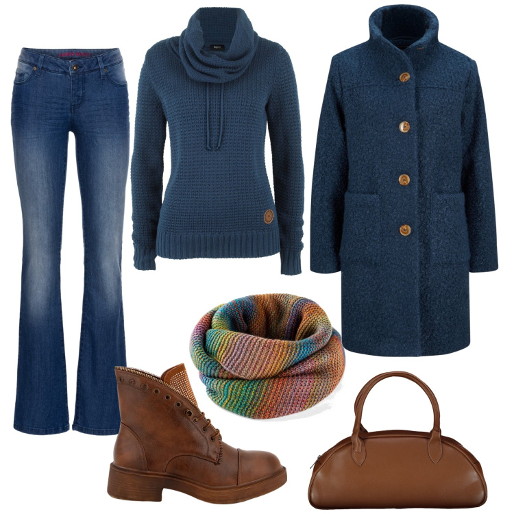 Outfit donna - Semplice con la sciarpa colorata. Stile Casual per Tutti i giorni. Abbinamento con cappotti, jeans bootcut, maglieria, foulard, stivaletti, borse a spalla.