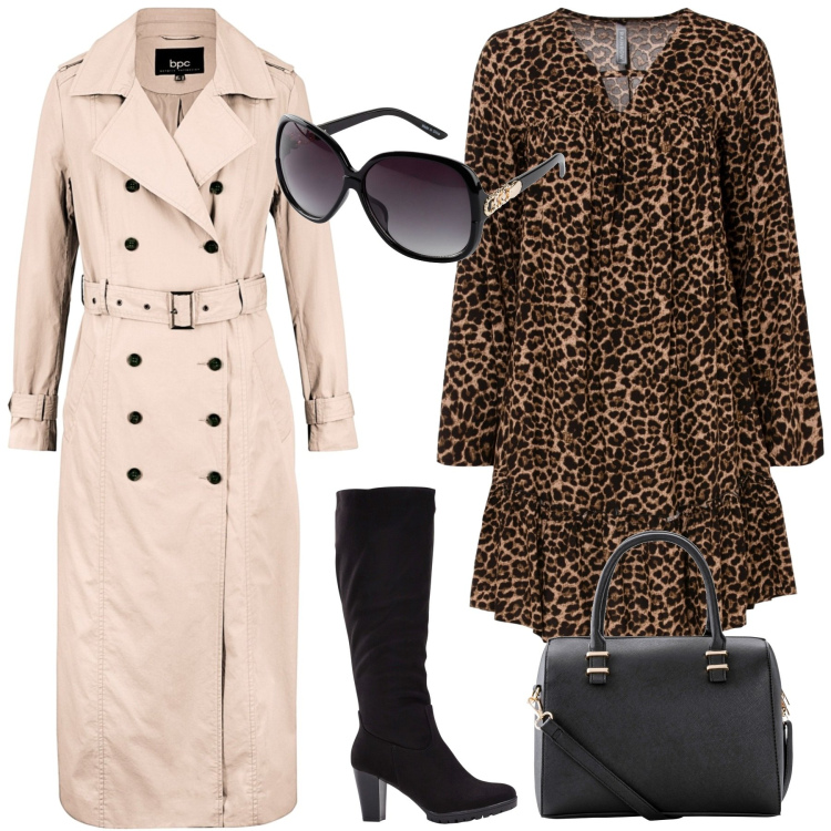 Outfit donna - Un outfit per tutti i giorni glam. Stile Glamour per Tutti i giorni. Abbinamento con occhiali da sole, stivali, vestiti corti, borse a mano, trench.