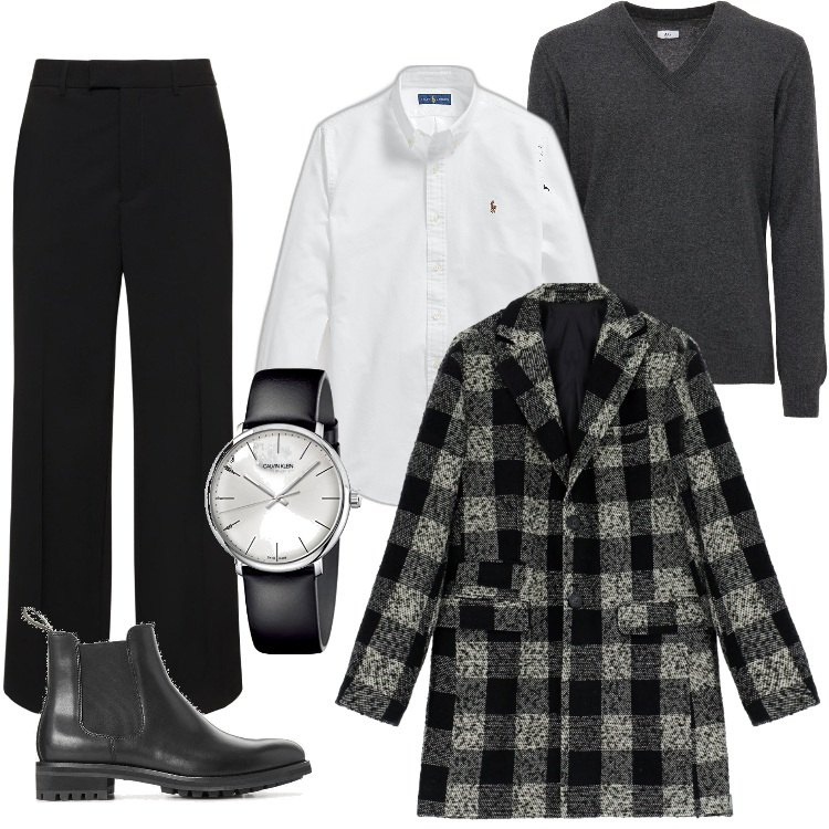 Outfit uomo - Total look #1801254. Stile Business/Elegante per Ufficio. Abbinamento con cappotti, camicie, stivali e stivaletti, orologi, pantaloni, maglieria.