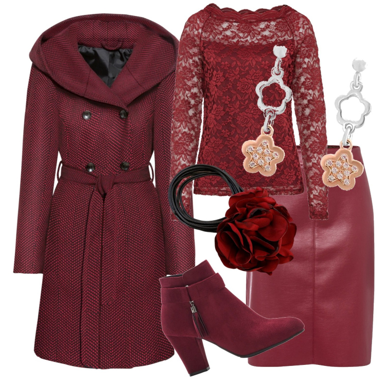 Outfit donna - Bordeaux. Stile Casual per Tutti i giorni. Abbinamento con cappotti, gonne longuette, stivaletti, maglieria, collane, orecchini.