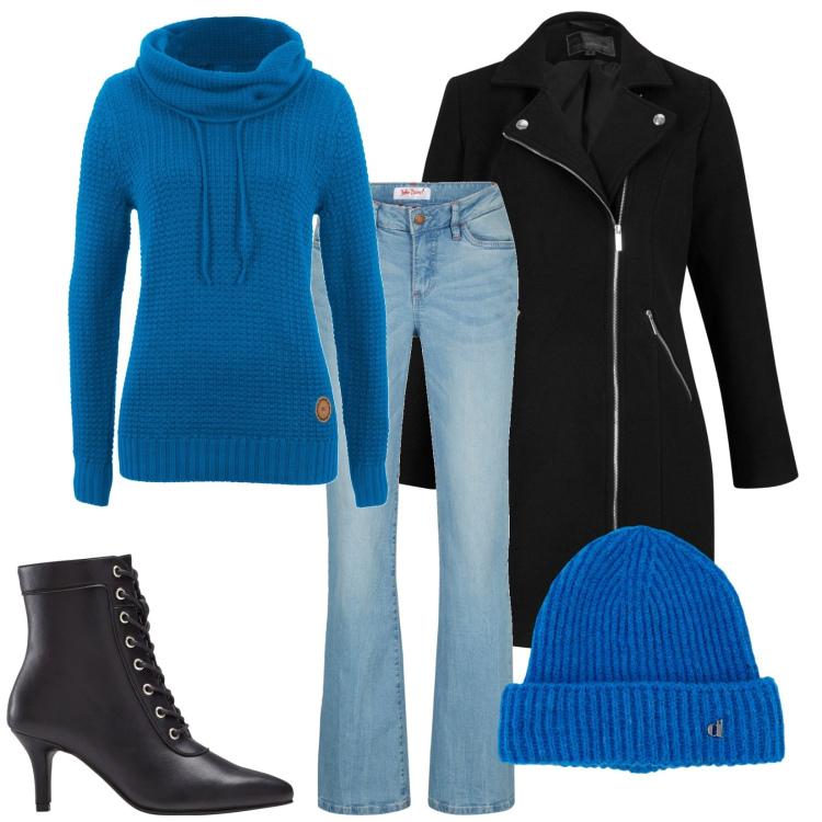 Outfit donna - Blu e nero. Stile Casual per Tutti i giorni. Abbinamento con jeans bootcut, maglieria, cappotti, stivaletti, berretti.