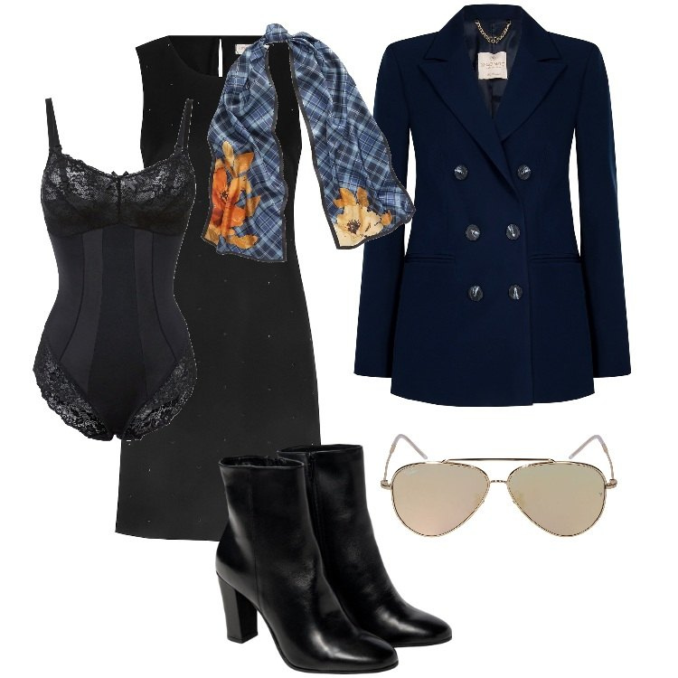 Outfit donna - Total look #1801262. Stile Chic per Ufficio. Abbinamento con body, vestiti a tubino, cappotti, sciarpe, stivaletti, occhiali da sole.