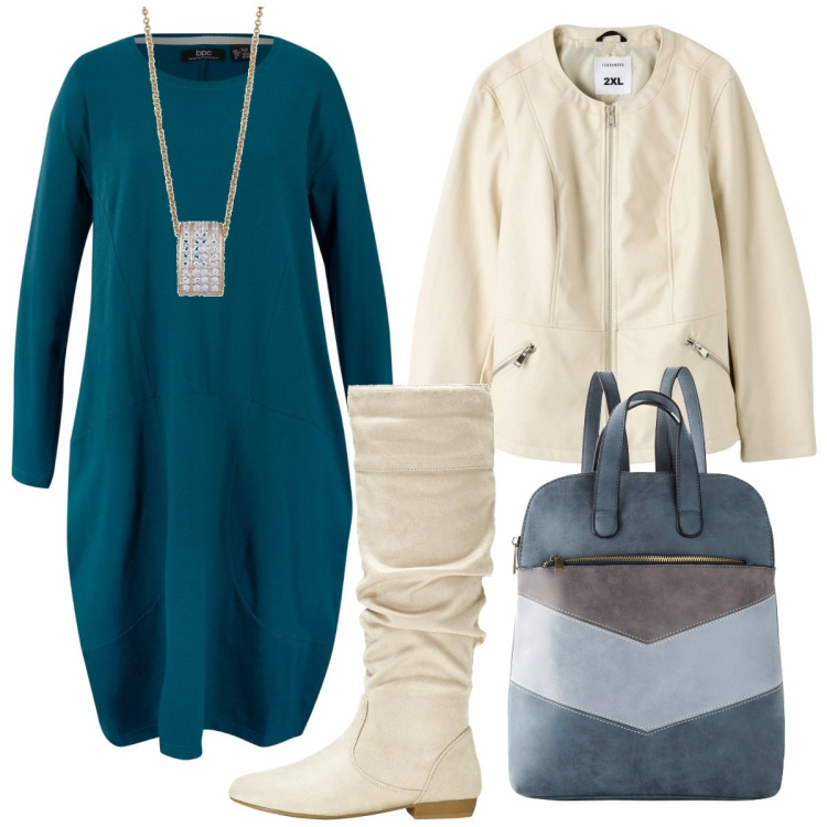 Outfit donna - L\'abito comfy. Stile Casual per Ufficio. Abbinamento con vestiti, stivali, zaini, blazer, collane.
