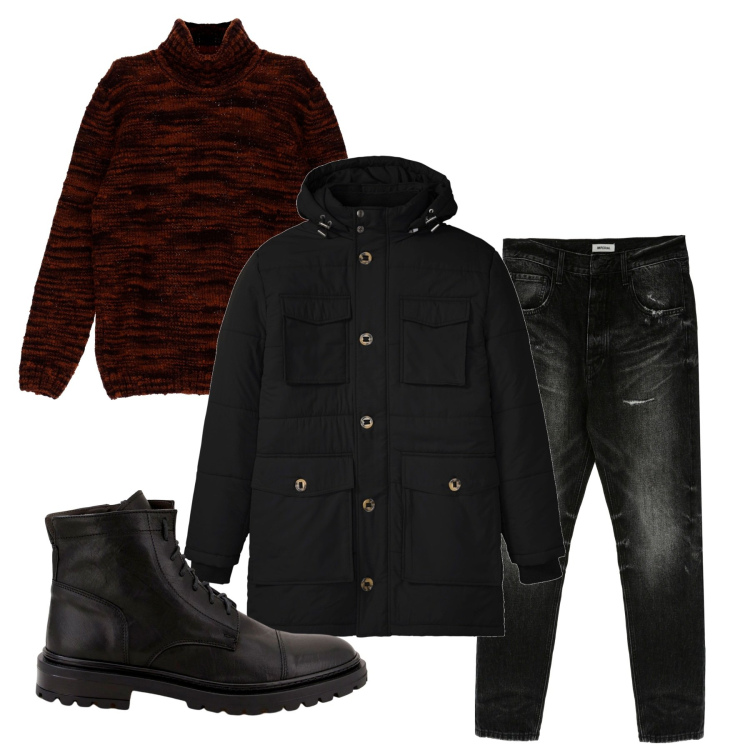 Outfit uomo - Inverno. Stile Urban per Tutti i giorni. Abbinamento con parka, jeans slim fit, maglieria, scarpe stringate.