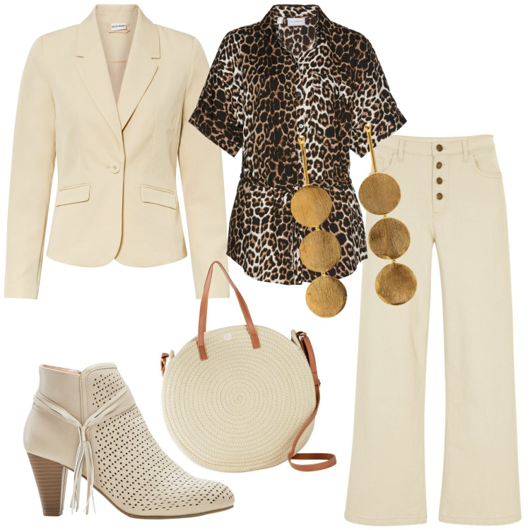 Outfit donna - Completo. Stile Casual per Tutti i giorni. Abbinamento con blazer, jeans, stivaletti, camicie a manica corta, shopping bag, orecchini.