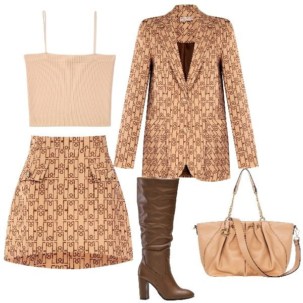 Outfit donna - Tailleur RINASCIMENTo in saldo. Stile Trendy per Ufficio. Abbinamento con stivali sopra il ginocchio, canottiere, cappotti, minigonne, borse a spalla.