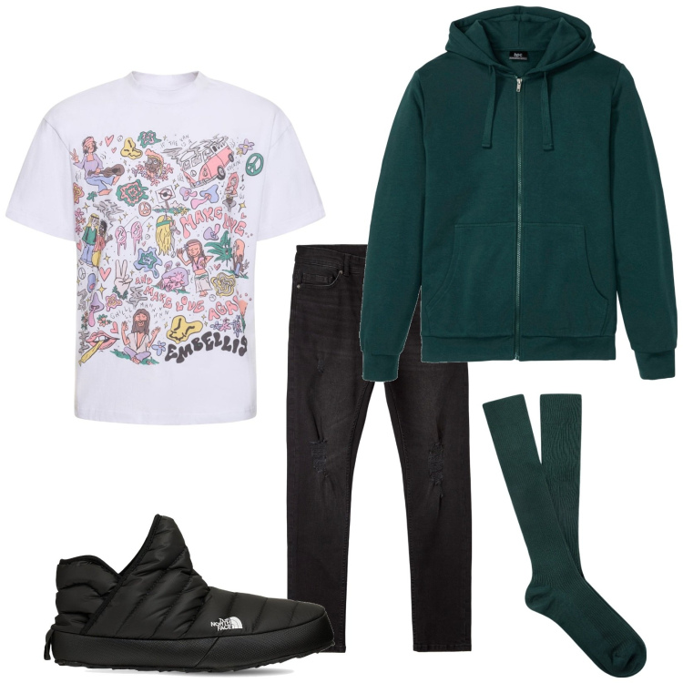 Outfit uomo - Total look #1801294. Stile Casual per Tutti i giorni. Abbinamento con felpe con cappuccio, jeans strappati, calzini, stivali, t-shirt.