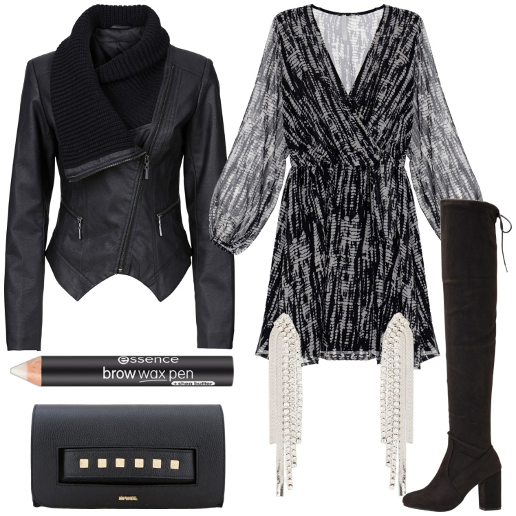 Outfit donna - Total look #1801297. Stile Vintage retrò per Serata fuori. Abbinamento con blazer, stivali sopra il ginocchio, eyeliner, vestiti corti, pochette, orecchini.