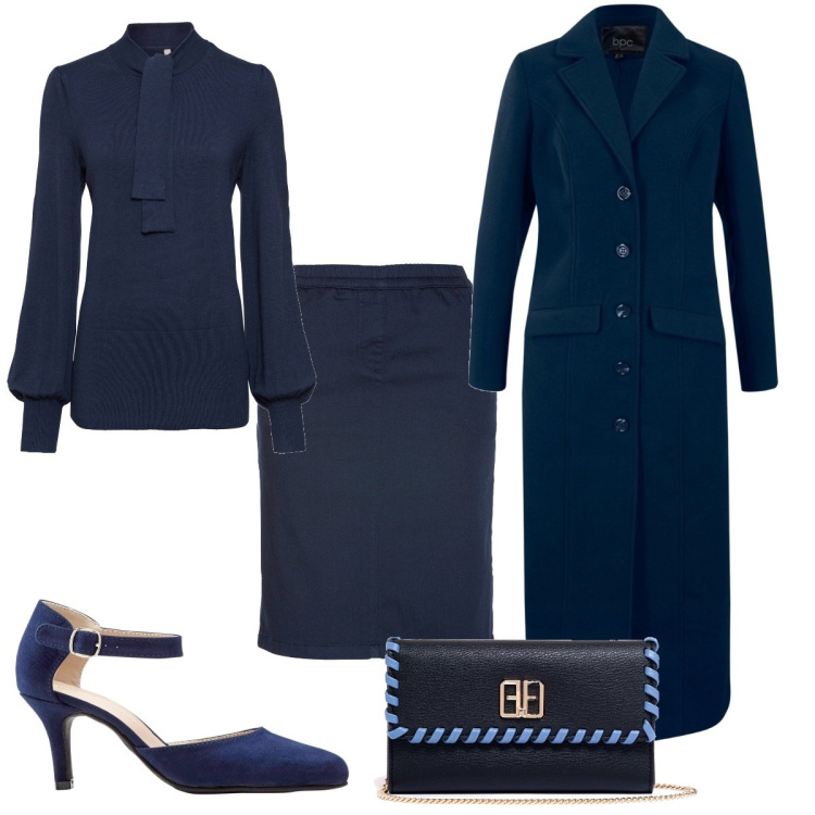 Outfit donna - Total look #1801314. Stile Chic per Ufficio. Abbinamento con décolleté, cappotti, maglieria, gonne, pochette.