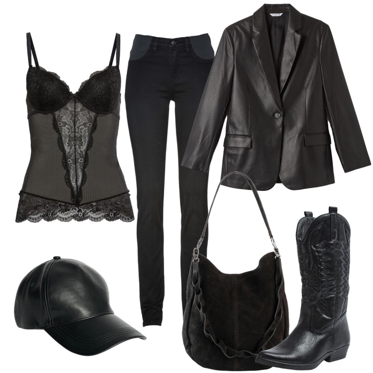 Outfit donna - Total look #1801323. Stile Sexy per Serata fuori. Abbinamento con jeans skinny, top, borse a mano, stivaletti texani, blazer, cappelli.