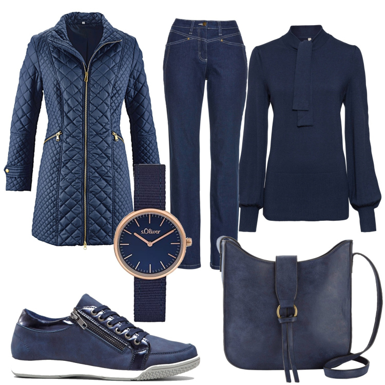 Outfit donna - Total look #1801350. Stile Urban per Ufficio. Abbinamento con maglieria, blazer, jeans dritti, sneakers alte, borse a tracolla, orologi.