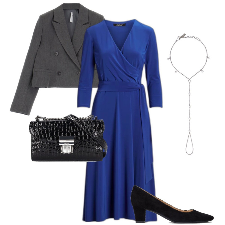 Outfit donna - Il blazer corto. Stile Chic per Cerimonia. Abbinamento con maglieria, blazer, vestiti, décolleté, borse a spalla.