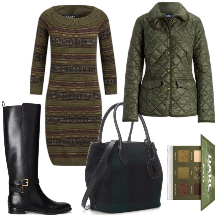 Outfit donna - Oliva. Stile Casual chic per Tutti i giorni. Abbinamento con ombretti, vestiti, stivali sopra il ginocchio, giacche, borse tote.