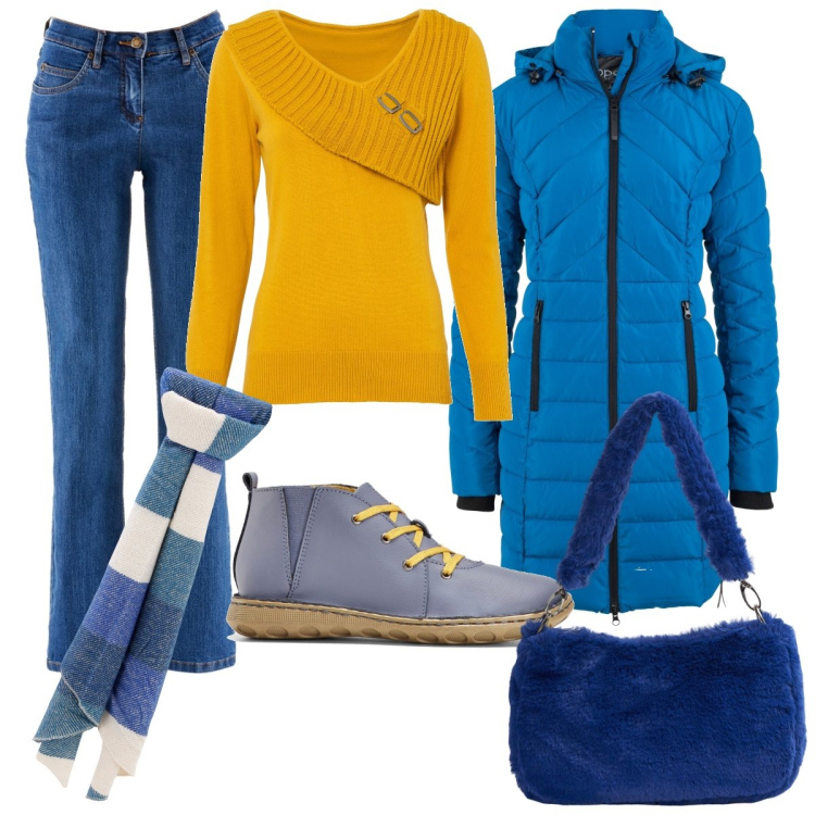 Outfit donna - Un giorno in centro. Stile Casual per Scuola/Università. Abbinamento con jeans dritti, blazer, maglieria, stivaletti, borse a spalla, sciarpe.