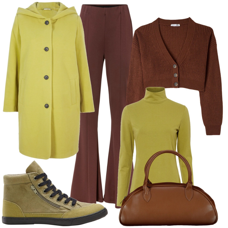 Outfit donna - Castagno e verde acido. Stile Casual chic per Tutti i giorni. Abbinamento con maglieria, pantaloni, cappotti, sneakers, cardigans, borse a spalla.