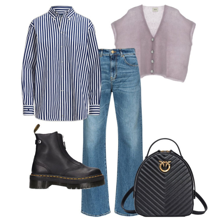 Outfit donna - Il gilet grazioso. Stile Casual per Tutti i giorni. Abbinamento con jeans a zampa, zaini, cardigans, camicie, stivaletti.