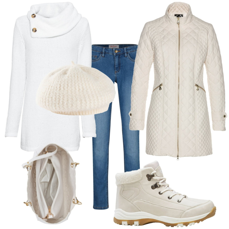 Outfit donna - Al cinema. Stile Trendy per Serata fuori. Abbinamento con blazer, stivaletti, jeans skinny, maglieria, borse a mano, cappelli e berretti.