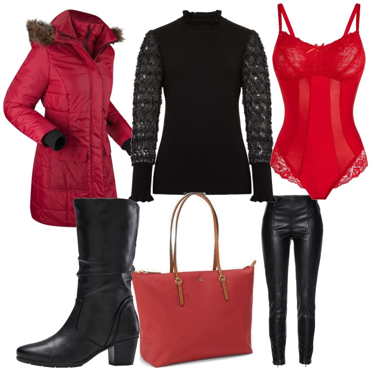 Outfit donna - Il piumino rosso. Stile Rock per Tutti i giorni. Abbinamento con maglieria, blazer, stivali, body, treggings, borse tote.