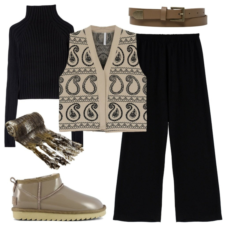 Outfit donna - Un gilet in maglia. Stile Casual per Tutti i giorni. Abbinamento con maglieria, gilet, pantaloni a palazzo, sciarpe, cinture, stivali.