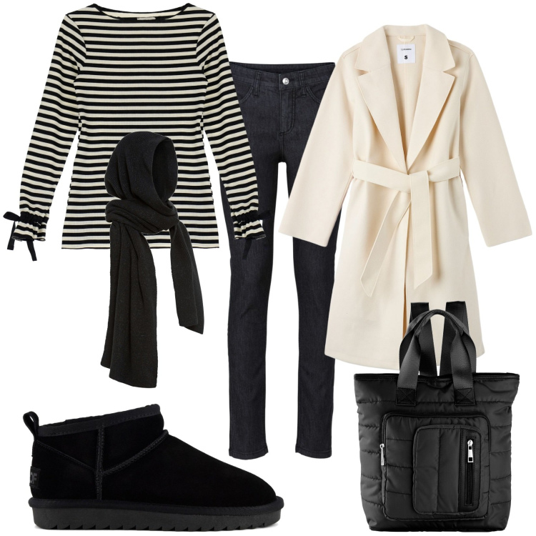 Outfit donna - Total look #1801385. Stile Trendy per Tutti i giorni. Abbinamento con sciarpe, jeans skinny, zaini, cappotti, maglieria, stivali.