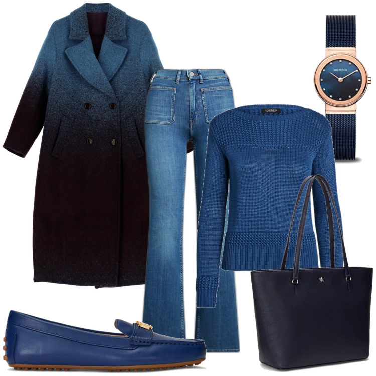 Outfit donna - Voglia di blu. Stile Casual chic per Ufficio. Abbinamento con cappotti, borse tote, mocassini, jeans bootcut, maglieria, orologi.