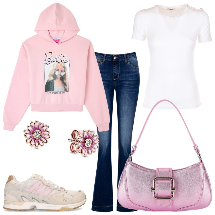 Outfit donna - Felpa jeans e esco. Stile Trendy per Tutti i giorni. Abbinamento con felpe con cappuccio, jeans a zampa, t-shirt, sneakers, orecchini, borse a spalla.