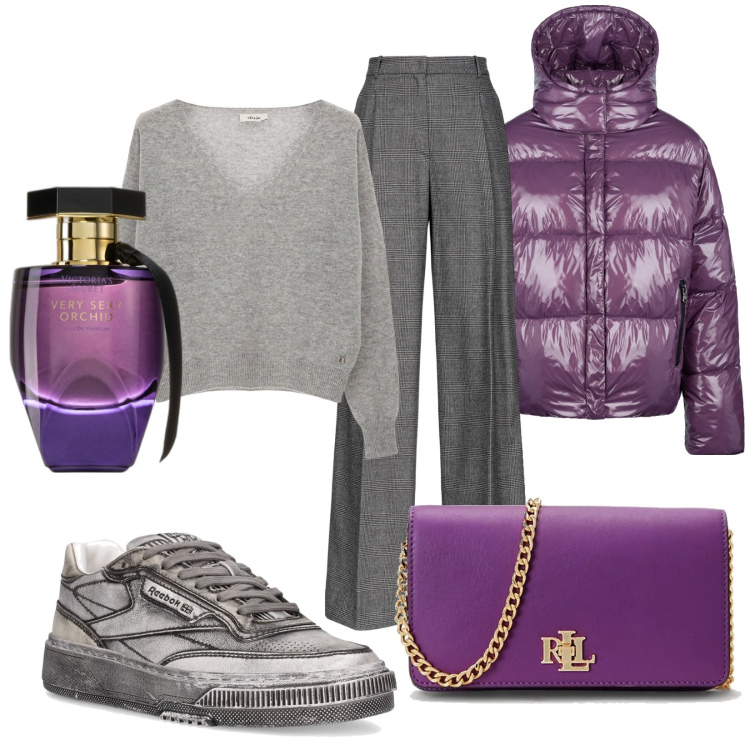 Outfit donna - Passeggiando tra le vetrine - VS. Stile Casual chic per Tutti i giorni. Abbinamento con profumi, pantaloni a palazzo, blazer, pullovers, borse a mano, sneakers.