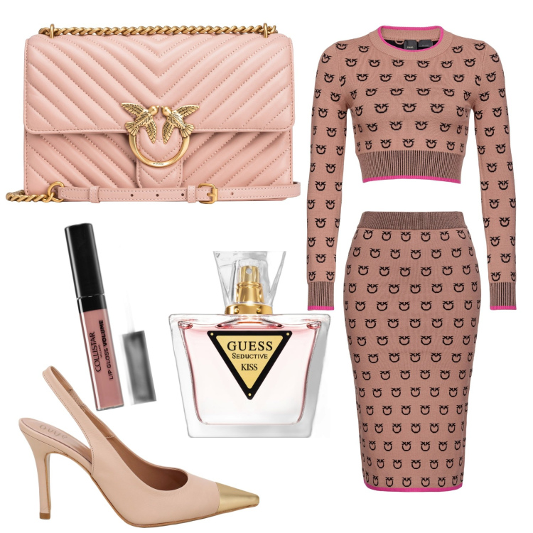 Outfit donna - Una serata con amici. Stile Casual chic per Serata fuori. Abbinamento con profumi, gloss, gonne longuette, maglieria, borse a tracolla, décolleté.