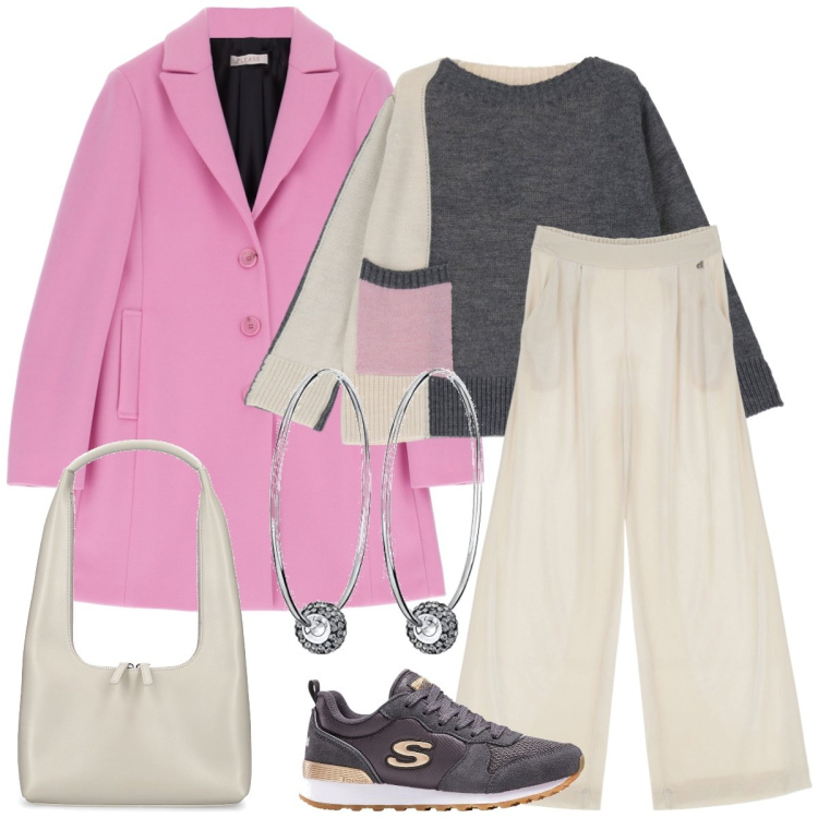 Outfit donna - Un po’ di rosa. Stile Casual chic per Tutti i giorni. Abbinamento con sneakers, cappotti, pullovers, pantaloni a palazzo, orecchini, borse a spalla.