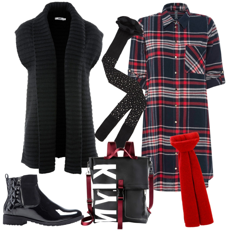 Outfit donna - Chemisier. Stile Casual per Tutti i giorni. Abbinamento con vestiti chemisier, stivaletti, gilet, zaini, collant, sciarpe.