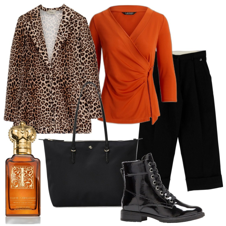 Outfit donna - Aggressive con la giacca leopardo. Stile Casual chic per Tutti i giorni. Abbinamento con stivaletti, profumi, pantaloni capri, blazer, borse tote, maglieria.