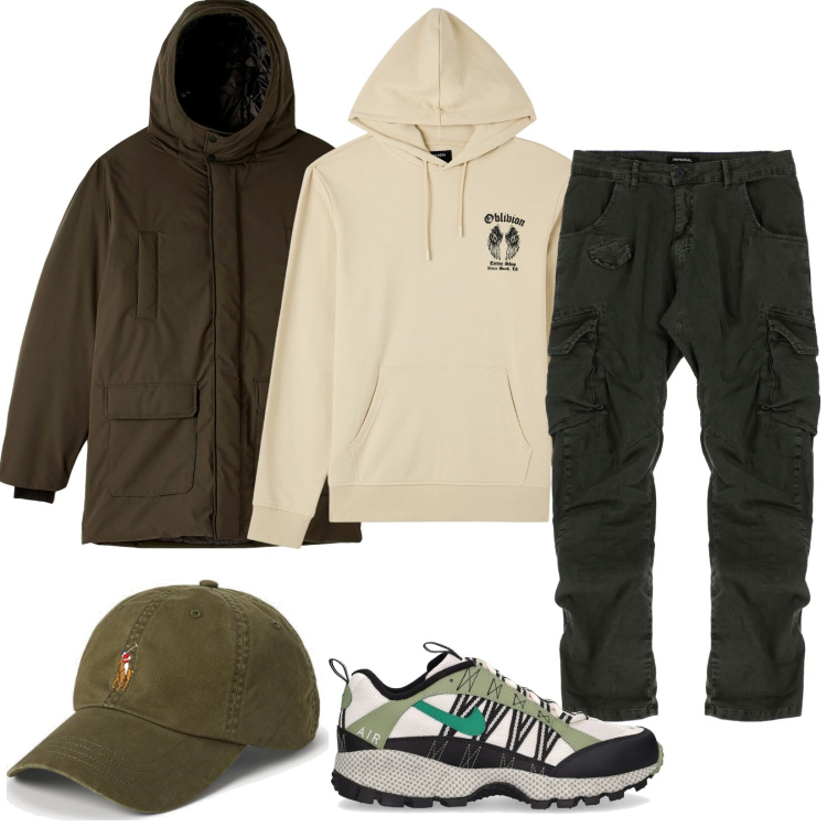Outfit uomo - Outdoor. Stile Casual per Tutti i giorni. Abbinamento con felpe con cappuccio, parka, pantaloni, cappelli, sneakers.