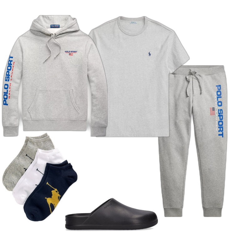 Outfit uomo - Finalmente a casa. Stile Casual per Tutti i giorni. Abbinamento con t-shirt, calzini, pantaloni, felpe con cappuccio, pantofole.