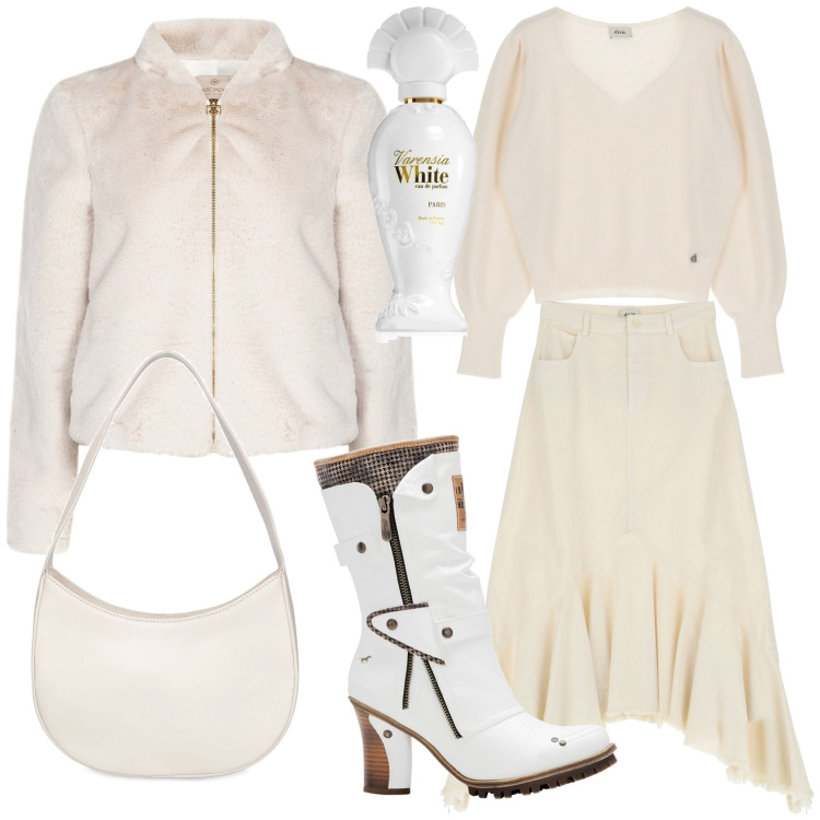 Outfit donna - White. Stile Bon Ton per Ufficio. Abbinamento con stivali, profumi, blazer, gonne longuette, pullovers, borse a spalla.