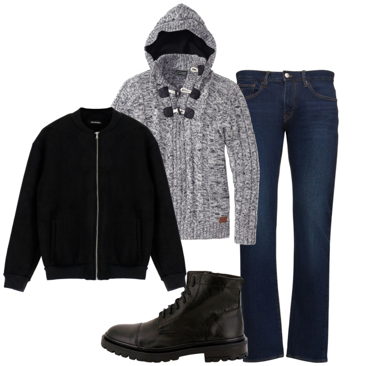 Outfit uomo - Inverno. Stile Urban per Tutti i giorni. Abbinamento con maglieria, scarpe stringate, cappotti, jeans slim fit.