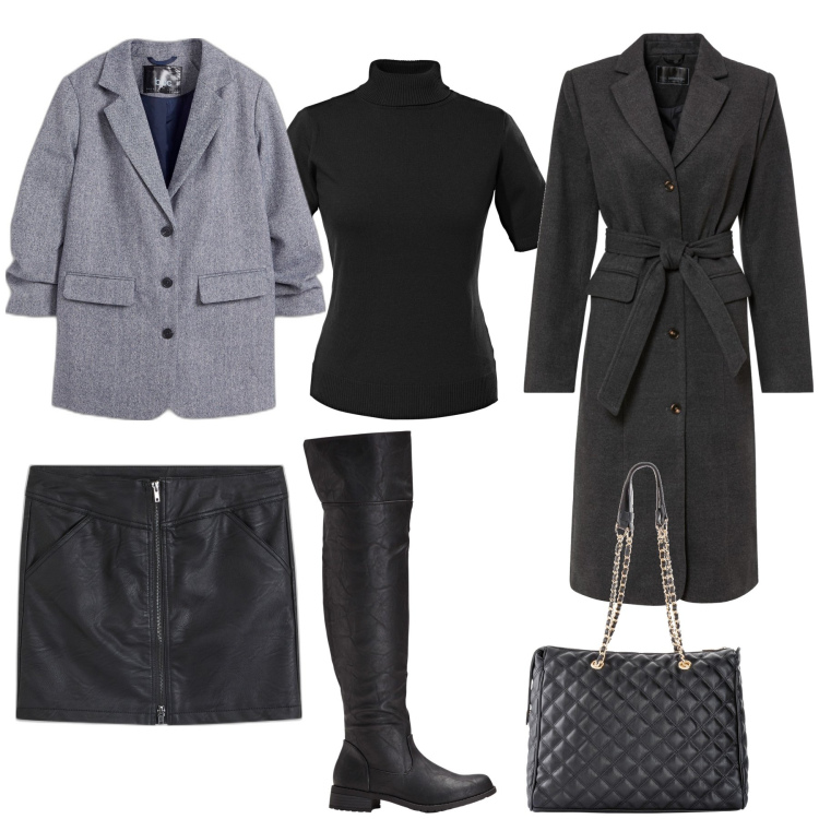 Outfit donna - Nero e grigio. Stile Trendy per Serata fuori. Abbinamento con shopping bag, maglieria, cappotti, blazer, stivali sopra il ginocchio, minigonne.