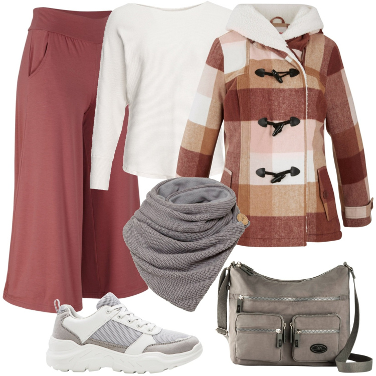 Outfit donna - Finalmente i saldi. Stile Trendy per Serata fuori. Abbinamento con pantaloni culotte, maglieria, borse a tracolla, foulard, cappotti, sneakers.