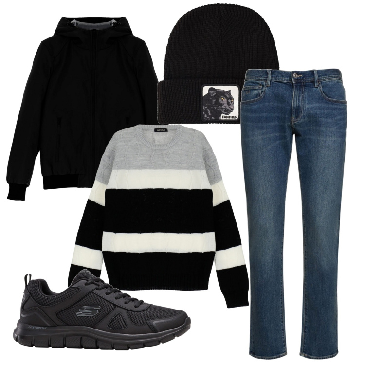 Outfit uomo - Inverno. Stile Urban per Tutti i giorni. Abbinamento con sneakers, pullovers, cappotti, jeans slim fit, cappelli.