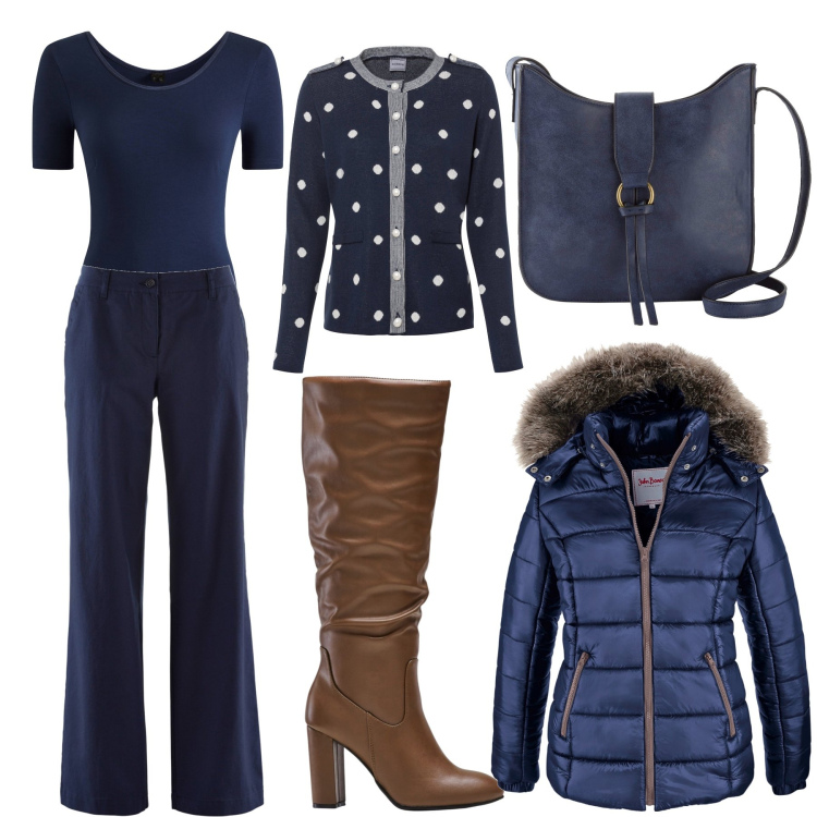 Outfit donna - Semplice aperitivo. Stile Trendy per Serata fuori. Abbinamento con piumini, pantaloni, cardigans, stivali sopra il ginocchio, body, borse a tracolla.
