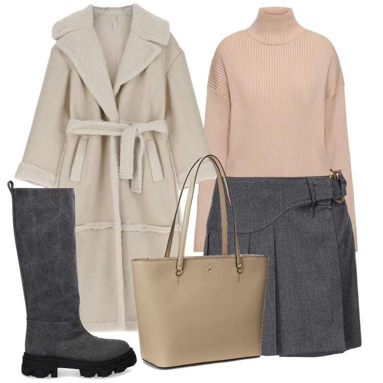 Outfit donna - Inverno. Stile Bon Ton per Tutti i giorni. Abbinamento con minigonne, cappotti, borse tote, stivali, maglieria.