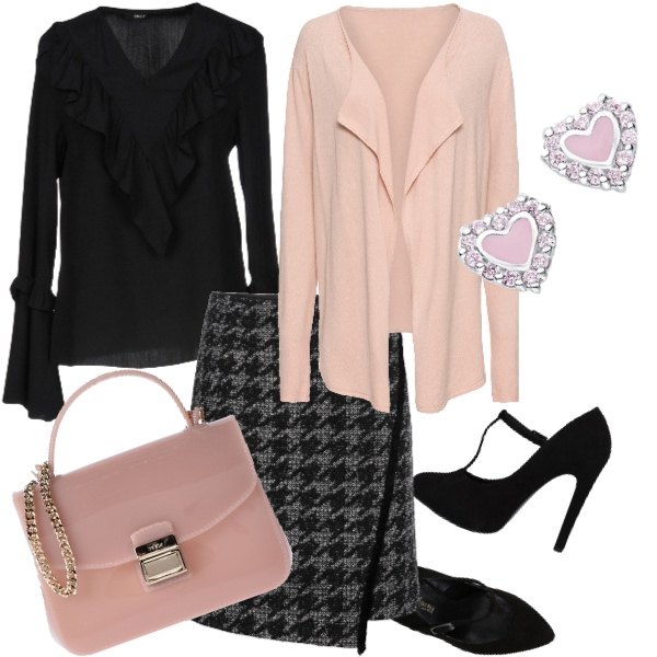 Outfit donna - Basic #16243. Stile Basic per Ufficio. Abbinamento con cardigans, gonna a portafoglio con zip nero, blusa senza tasche con ruches collo a v a maniche lunghe tinta unita, borsa a mano petit con manico interno sfoderato tinta unita, décolleté effetto scamosciato con cinturino a punta tinta unita, orecchini a perno argento e rosa.