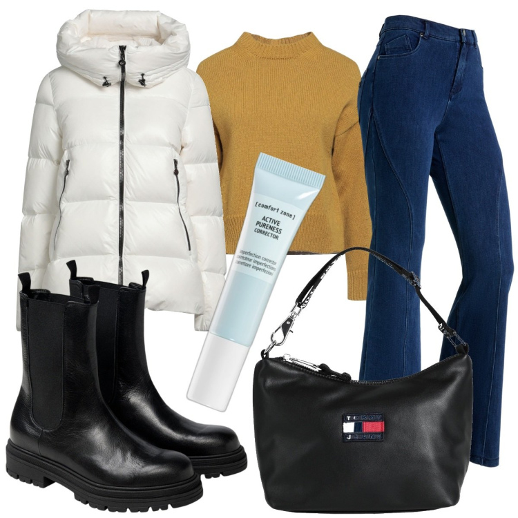 Outfit donna - Piumino bianco. Stile Casual per Scuola/Università. Abbinamento con piumini, borse a mano, pullovers, correttori, jeans a zampa, stivaletti chelsea.