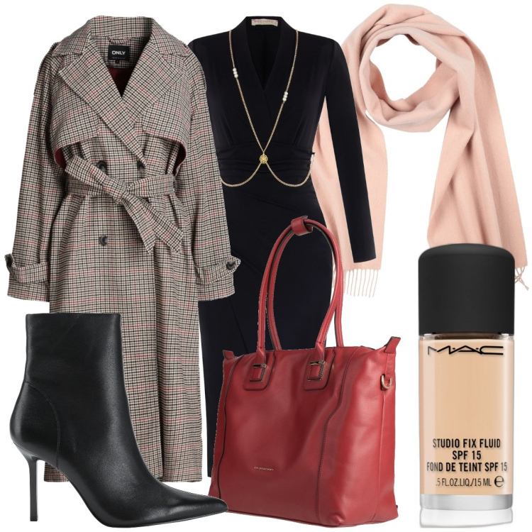 Outfit donna - Cappotto a scacchi. Stile Chic per Ufficio. Abbinamento con cappotti, zaini, stivaletti, sciarpe, fondotinta, vestiti a tubino.