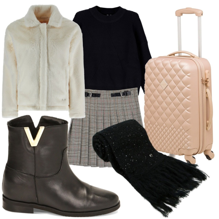 Outfit donna - In partenza. Stile Casual chic per Tutti i giorni. Abbinamento con pullovers, stivaletti, cappotti, minigonne, sciarpe, valigie.