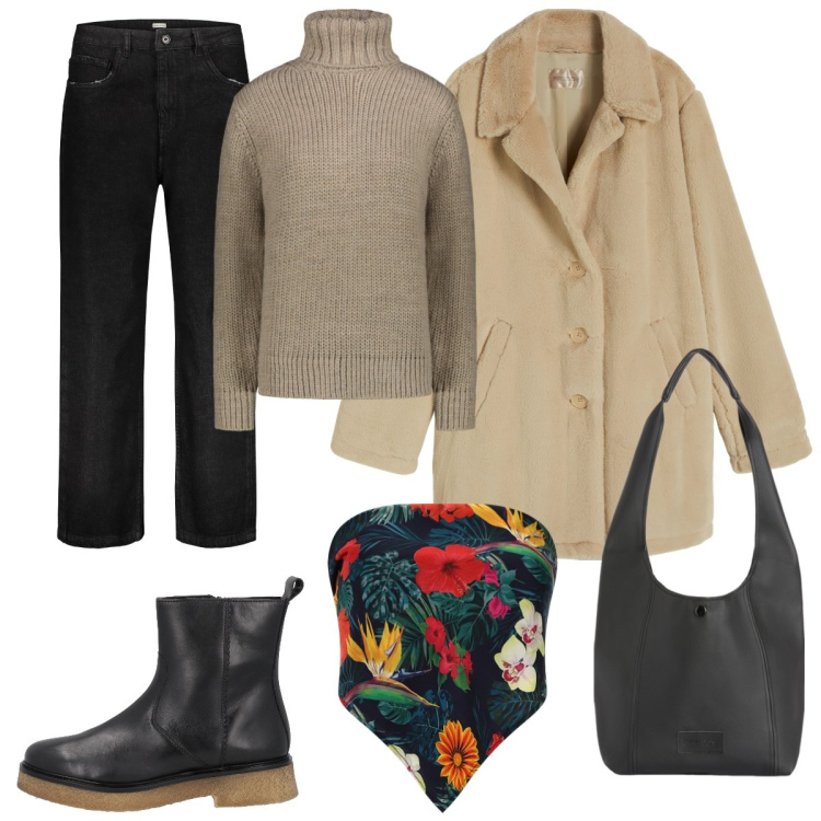 Outfit donna - Un fiore in inverno. Stile Casual per Tutti i giorni. Abbinamento con stivaletti, cappotti, borse a spalla, foulard, maglieria, jeans.
