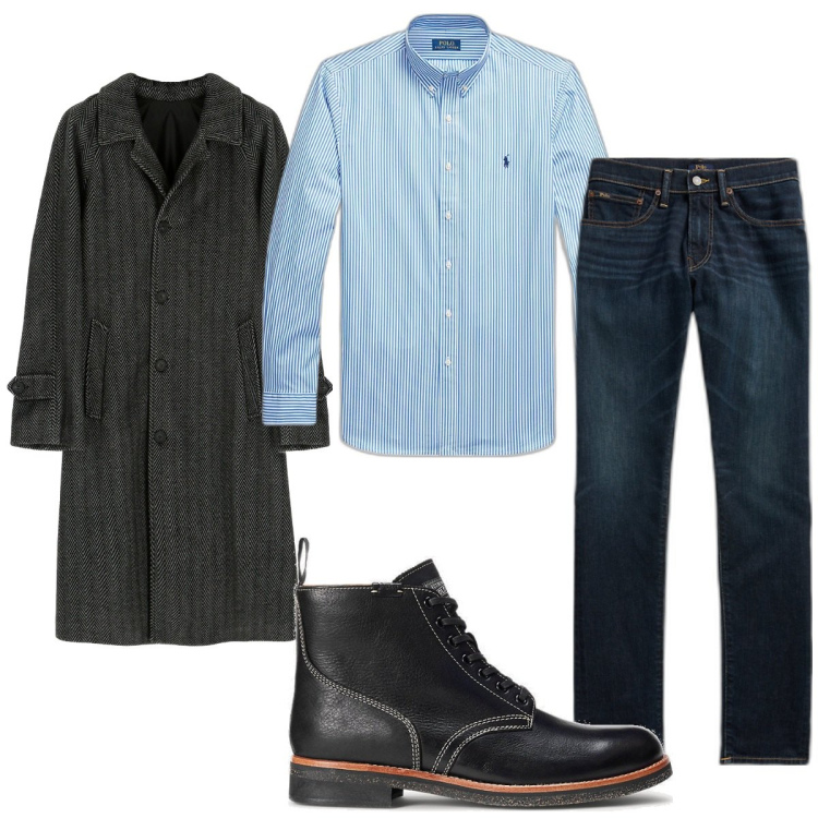 Outfit uomo - Total look #1801551. Stile Casual per Tutti i giorni. Abbinamento con cappotti, camicie, jeans skinny, stivali.