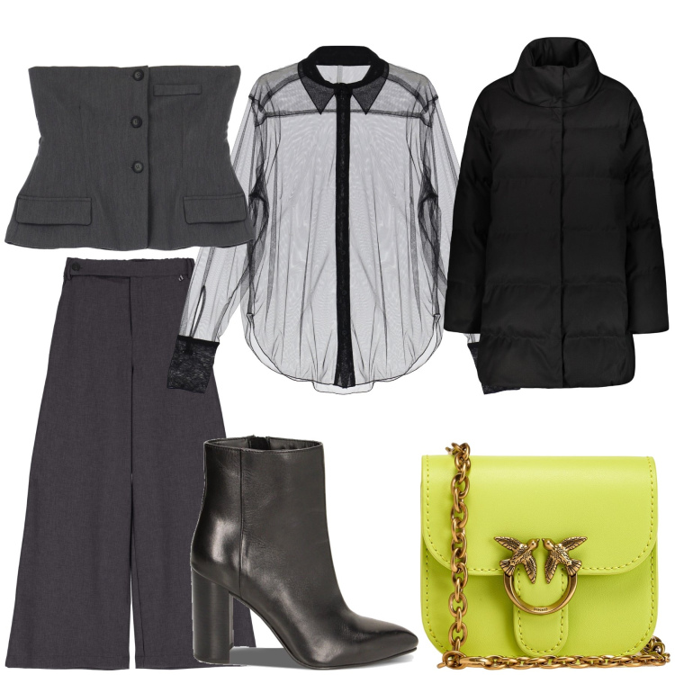 Outfit donna - Aperitivo. Stile Trendy per Serata fuori. Abbinamento con borse a tracolla, camicie, stivaletti, pantaloni a palazzo, gilet, cappotti.