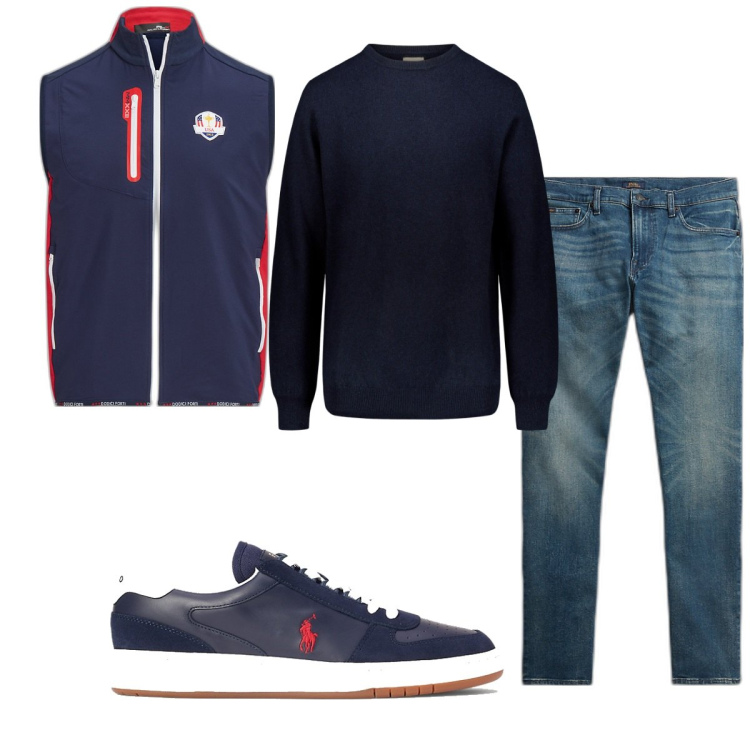 Outfit uomo - Total look #1801556. Stile Casual per Tutti i giorni. Abbinamento con maglieria, jeans, scarpe sportive, gilet.