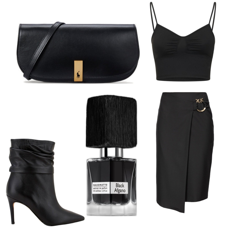 Outfit donna - Dare lady. Stile Chic per Serata fuori. Abbinamento con profumi, gonne longuette, stivaletti, clutch, reggiseni.