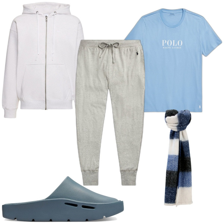 Outfit uomo - Total look #1801572. Stile Trendy per Tutti i giorni. Abbinamento con sciarpe, t-shirt, pantaloni, felpe con cappuccio, pantofole.